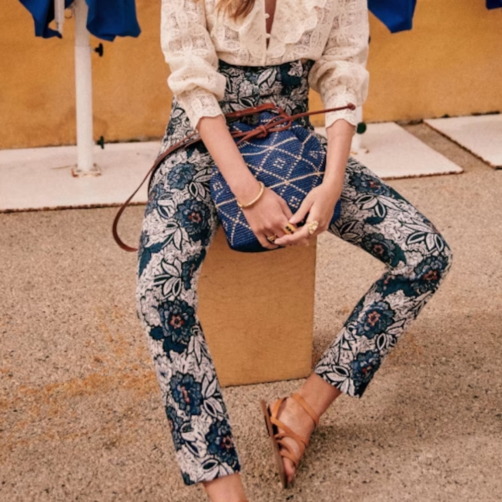 Sezane Floral Print Navy and White Slim Pants